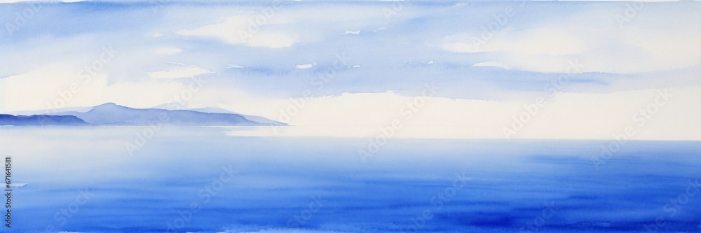 Watercolor Sea Landscape with Clouds. A Captivating Banner Depicting the Tranquil Beauty of the Blue Sea in Watercolor Painting.