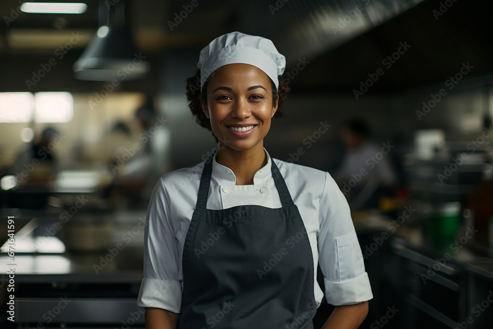 The portrait of a female chief in a standard apron and uniform with a smile standing confidently in a kitchen. Generative AI. - obrazy, fototapety, plakaty 