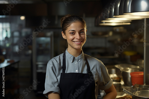 The portrait of a female chief in a standard apron and uniform with a smile standing confidently in a kitchen. Generative AI.