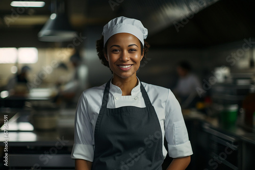 The portrait of a female chief in a standard apron and uniform with a smile standing confidently in a kitchen. Generative AI.