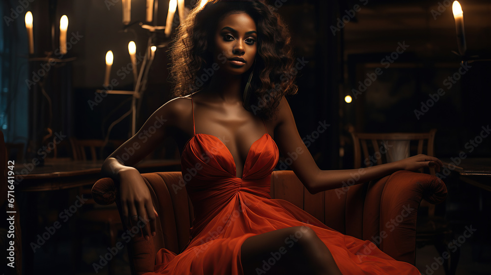 A very dark skinned woman in a high end photo shoot, very beautiful, controversial dress. A very dark skinned woman in a high end photo shoot, very beautiful, controversial dress.