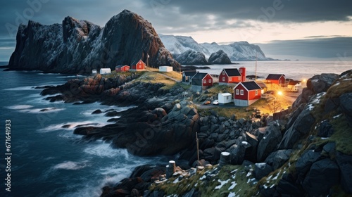 Traditional red Rorbu fisherman's huts on the rocky coastline of Lofoten Islands, Norway. photo