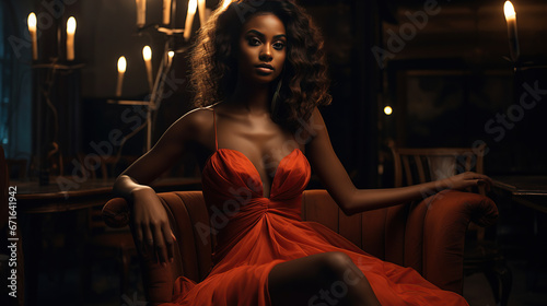 A very dark skinned woman in a high end photo shoot, very beautiful, controversial dress.