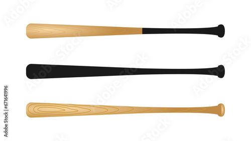 vector baseball bat set. wooden baseball bat with wood grain texture.