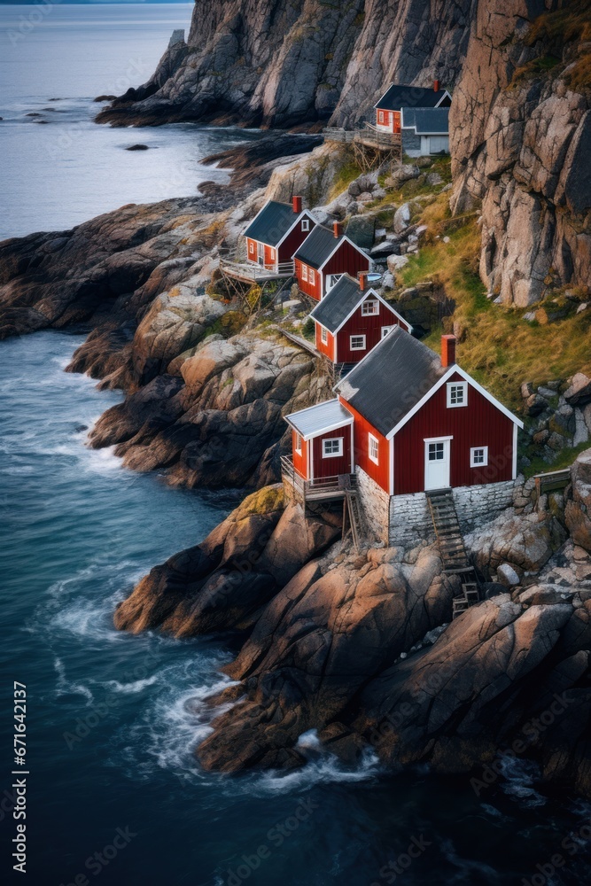 Traditional red Rorbu fisherman's huts on the rocky coastline of Lofoten Islands, Norway. - obrazy, fototapety, plakaty 