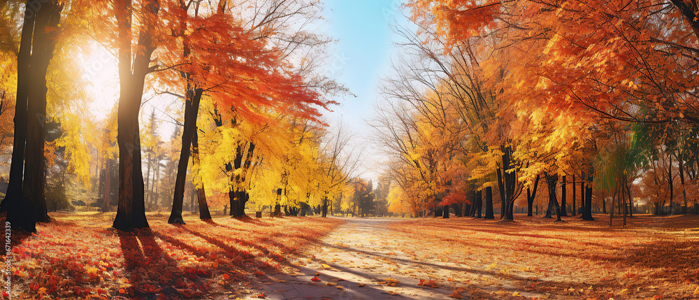 Colorful bright autumn ultra-wide panoramic background with blurry red yellow and orange autumn leaves in the park.