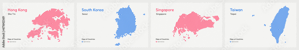 Creative set of Four Asian Tigers, South Korea, Hong Kong, Singapore, Taiwan. Capital. Tiger Cub Economies. World Countries vector maps. Spiral fingerprint series	 - obrazy, fototapety, plakaty 