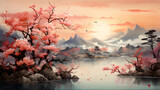 watercolor painting of fantasy landscape with lake and mountains in background, 