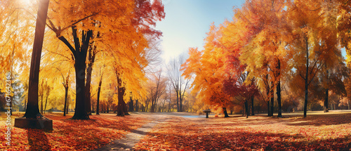Colorful bright autumn ultra-wide panoramic background with blurry red yellow and orange autumn leaves in the park. © Santy Hong