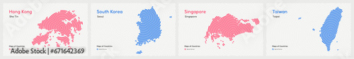 Creative set of Four Asian Tigers, South Korea, Hong Kong, Singapore, Taiwan. Capital. Tiger Cub Economies. World Countries vector maps. Spiral fingerprint series	