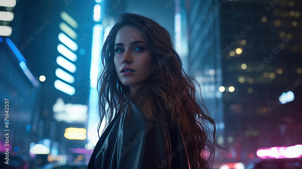 Girl With long flowing light brown hair, Background In a cyberpunk metropolis, where neon lights illuminate the darkened streets, she stands against a backdrop of towering skyscrapers.