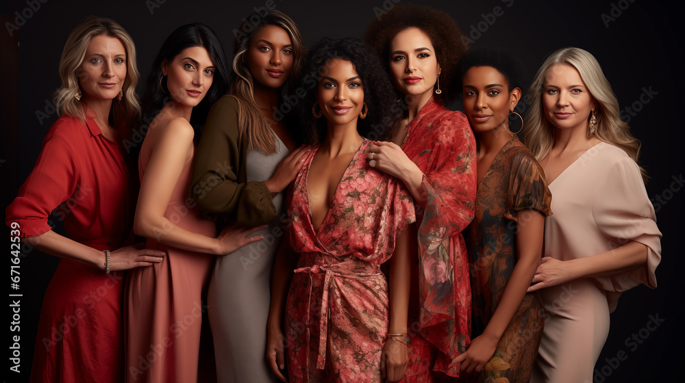Group of diverse women from different countries, different ethnicities, and different skin colors in a Studio and posing for camera.