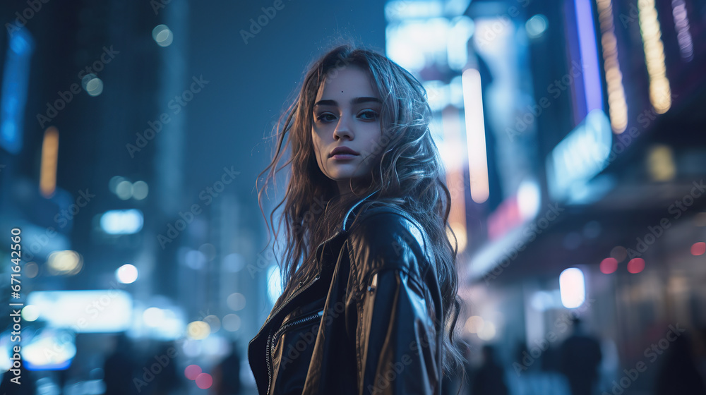 Girl With long flowing light brown hair, Background In a cyberpunk metropolis, where neon lights illuminate the darkened streets, she stands against a backdrop of towering skyscrapers.