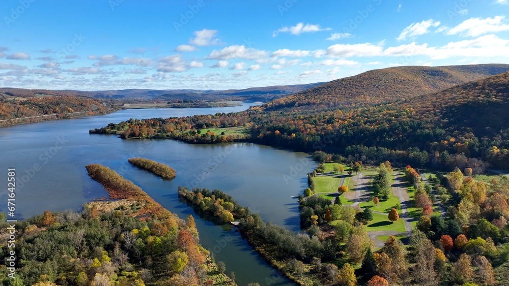 Landscape aerial with mountains and water creeks and lakes in Autumn Fall colors in Pennsylvania at Tioga