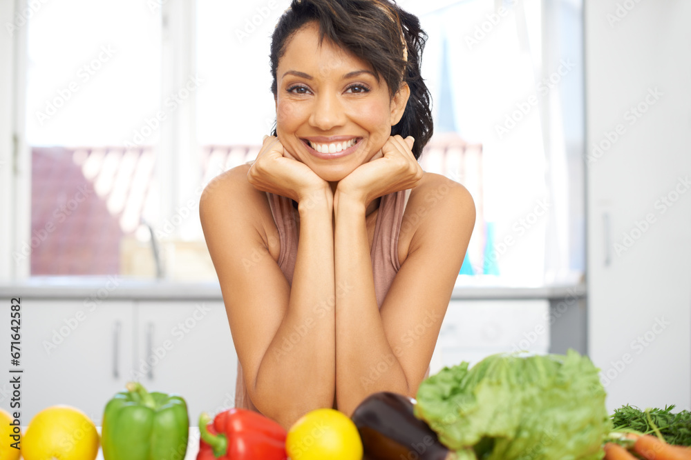 Portrait, salad and woman with vegetables, smile and apartment with wellness, home and cooking. Person, happy and girl with healthy food, nutrition and fresh with meal, diet and hungry with vegan Portrait, salad and woman with vegetables, smile and apartment with wellness, home and cooking. Person, happy and girl with healthy food, nutrition and fresh with meal, diet and hungry with vegan