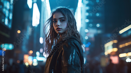 Girl With long flowing light brown hair, Background In a cyberpunk metropolis, where neon lights illuminate the darkened streets, she stands against a backdrop of towering skyscrapers.