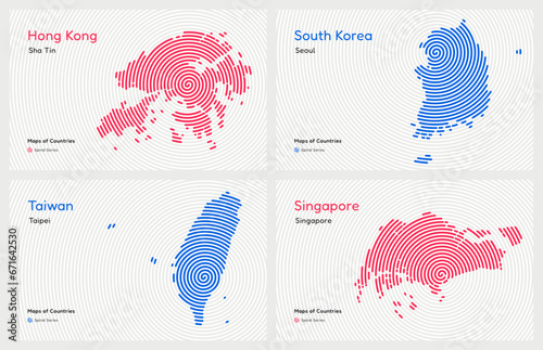 Creative set of Four Asian Tigers, South Korea, Hong Kong, Singapore, Taiwan. Capital. Tiger Cub Economies. World Countries vector maps. Spiral fingerprint series	