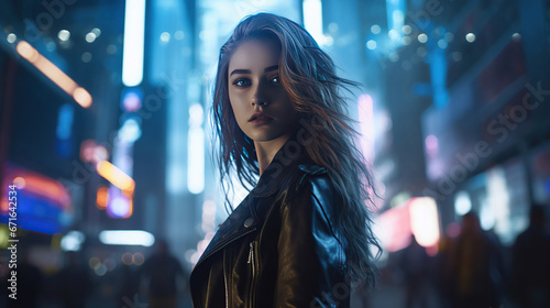 Girl With long flowing light brown hair, Background In a cyberpunk metropolis, where neon lights illuminate the darkened streets, she stands against a backdrop of towering skyscrapers.