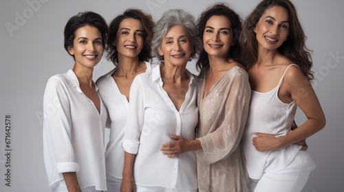 Group of diverse women from different countries, different ethnicities, and different skin colors in a Studio and posing for camera.