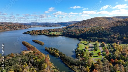 Landscape aerial with mountains and water creeks and lakes in Autumn Fall colors in Pennsylvania at Tioga