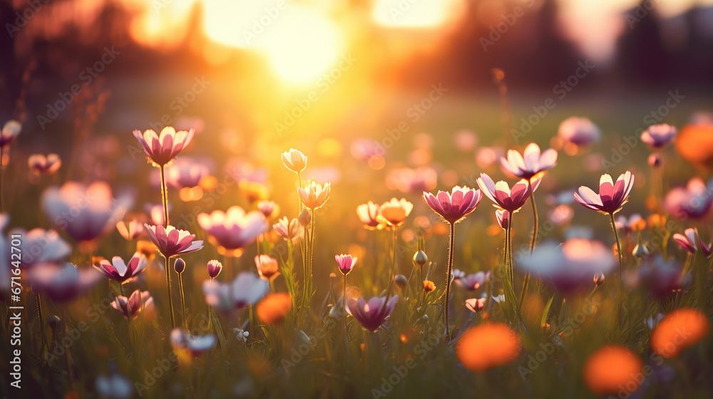 Illustration of a flower meadow in spring with sunset.