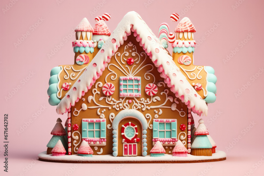 Candy-ornamented gingerbread house amid Christmas Décor isolated on gradient pastel background 