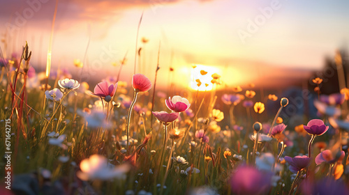 Illustration of a flower meadow in spring with sunset. © Santy Hong