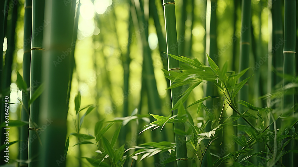 Obraz premium Lush greens and strong vertical lines of trees in a bamboo grove.