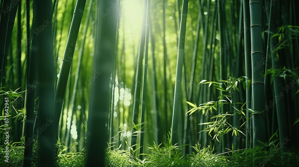 Lush greens and strong vertical lines of trees in a bamboo grove. Lush greens and strong vertical lines of trees in a bamboo grove.