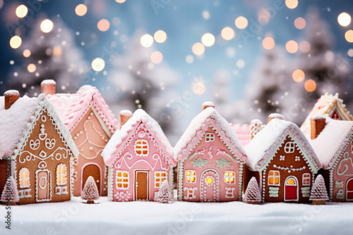 Enchanted pastel gingerbread homes in winter wonderland background with empty space for text 