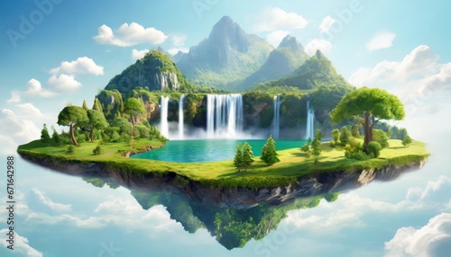 Flying green forest land with trees  green grass  mountains  blue water and waterfalls isolated with clouds. Floating island with greenery and beautiful landscape scenery. isolated on blue background