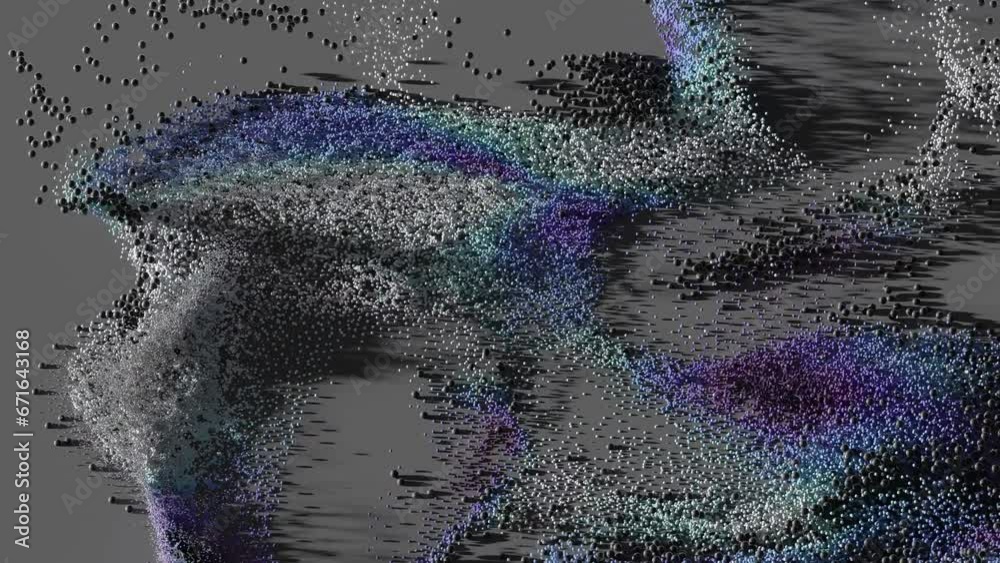 3d render of abstract art video animation with grey field and surreal small balls spheres sand particles in turbulence wavy motion process movement as fluid with changing purple blue and white color 