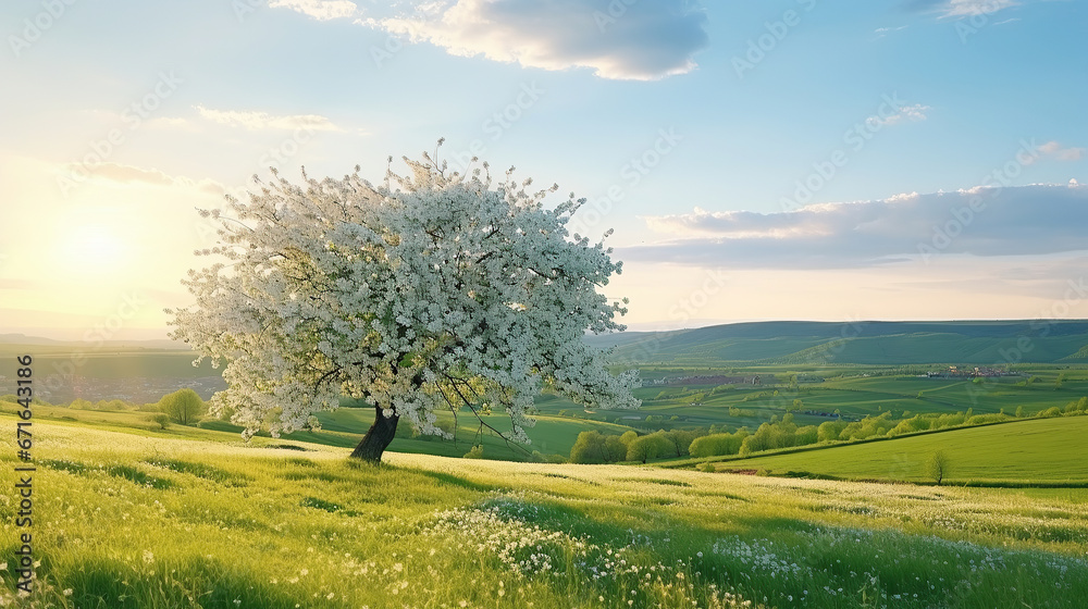 Moravian green rolling landscape with blooming apple-tree. Landscape with white spring flowering trees on green hill, which is highlighted by the setting sun. Natural seasonal landscape. Moravian green rolling landscape with blooming apple-tree. Landscape with white spring flowering trees on green hill, which is highlighted by the setting sun. Natural seasonal landscape.