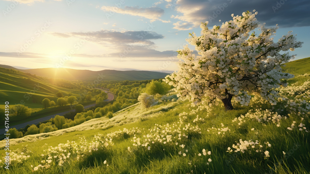 Moravian green rolling landscape with blooming apple-tree. Landscape with white spring flowering trees on green hill, which is highlighted by the setting sun. Natural seasonal landscape.