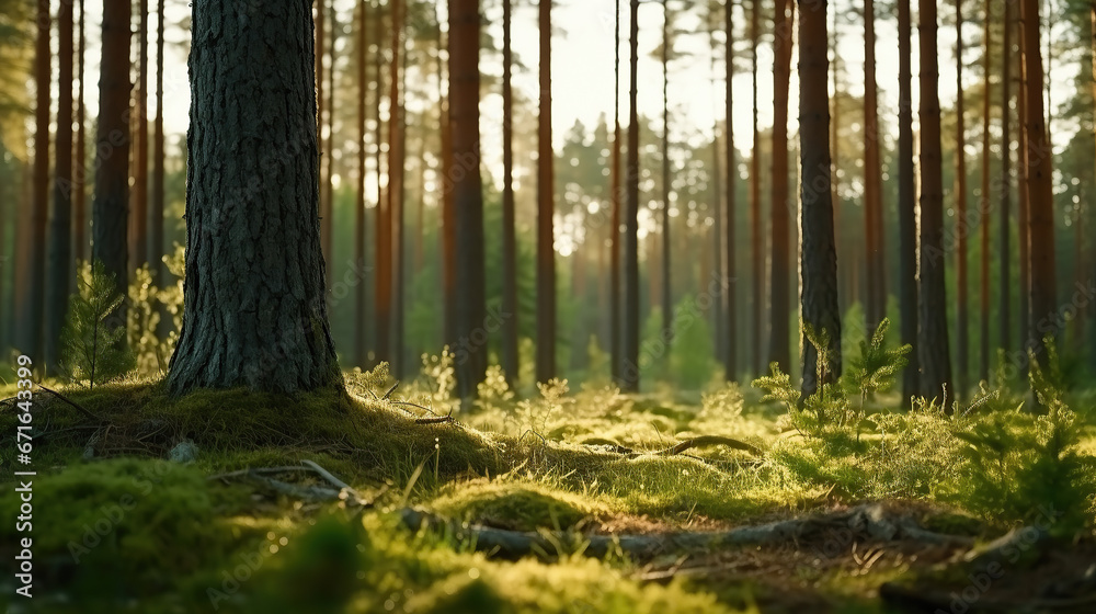 Fototapeta premium Nordic pine forest in the evening light. Short depth-of-field.