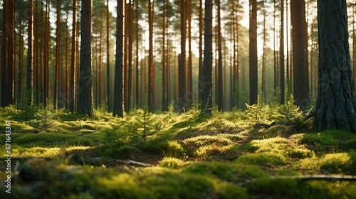Nordic pine forest in the evening light. Short depth-of-field.