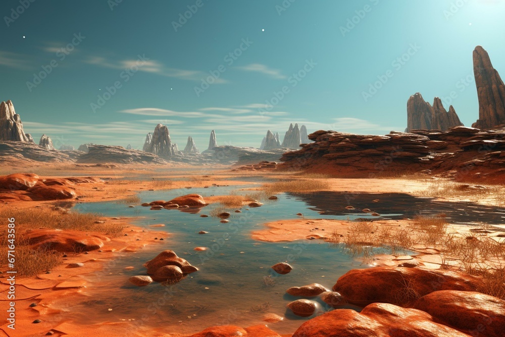 Mars landscape with water, scenic desert scene (3D). Generative AI