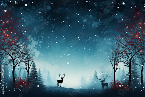 snowy christmas landscape with deer in the night