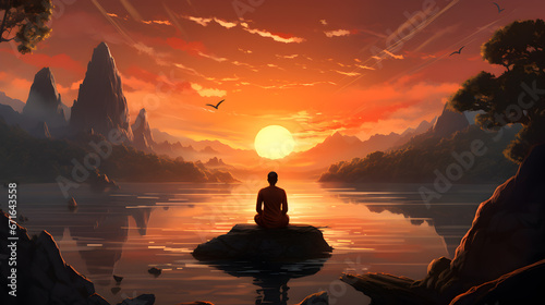 silhouette of man meditating on a lake at sunset. © EvhKorn