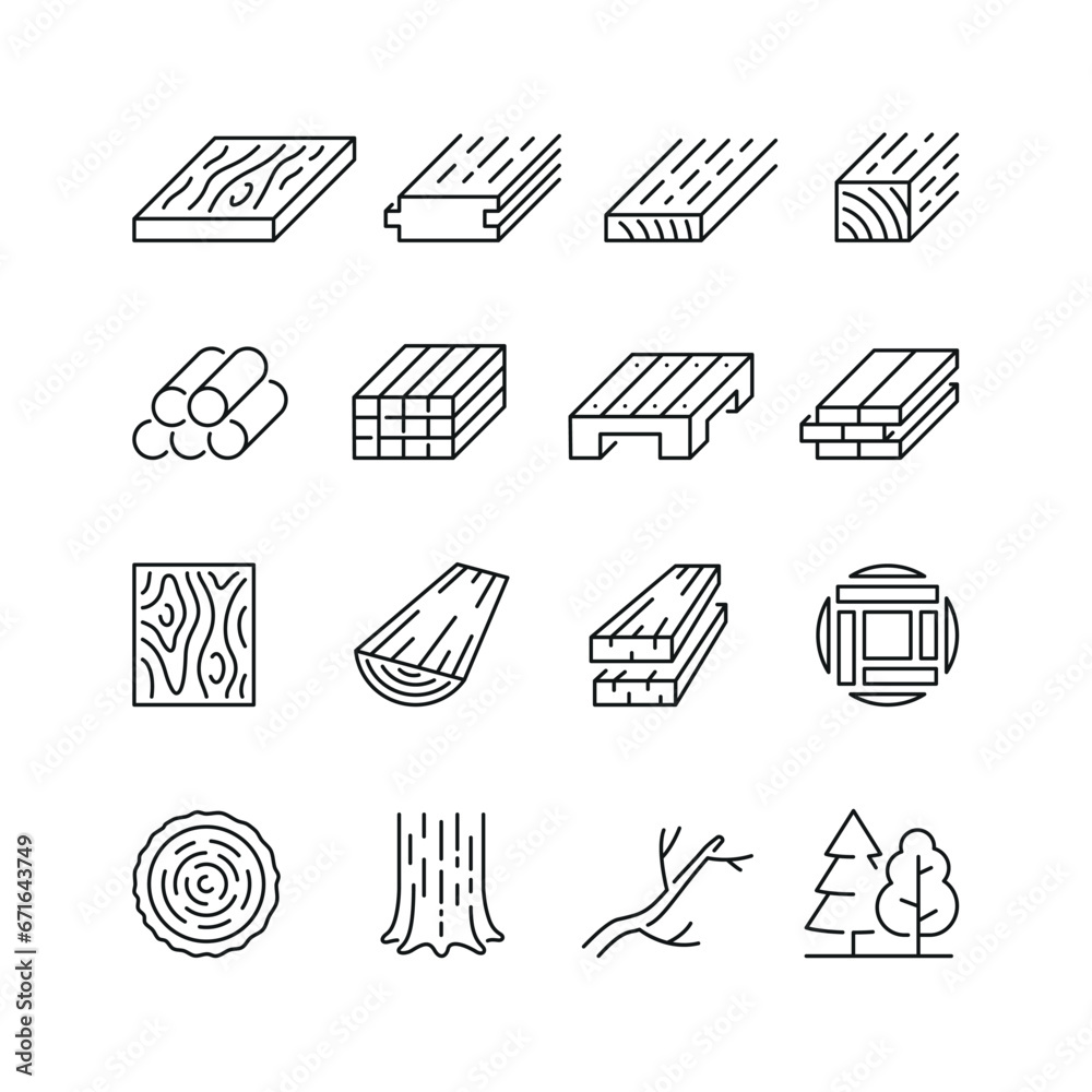Vector line set of icons related with lumber. Contains monochrome icons like sawmill, timber, wood, forestry, board, branch and more. Simple outline sign.