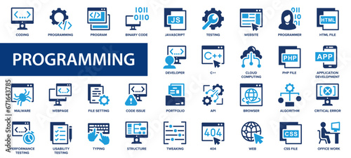 Coding and Programming flat icons set. Developer, code, software, website, cloud, web development icons and more signs. Flat icon collection.