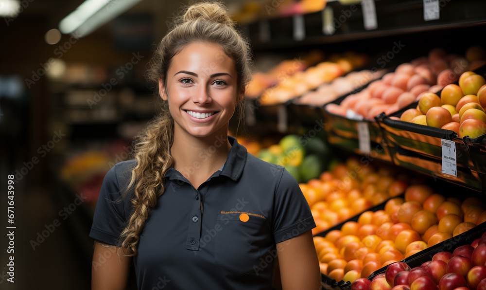 Portrait of handsome smiling woman shop worker standing in supermarket. Young female food store assistant vegetable and fruit retailer. Grocery store manager.