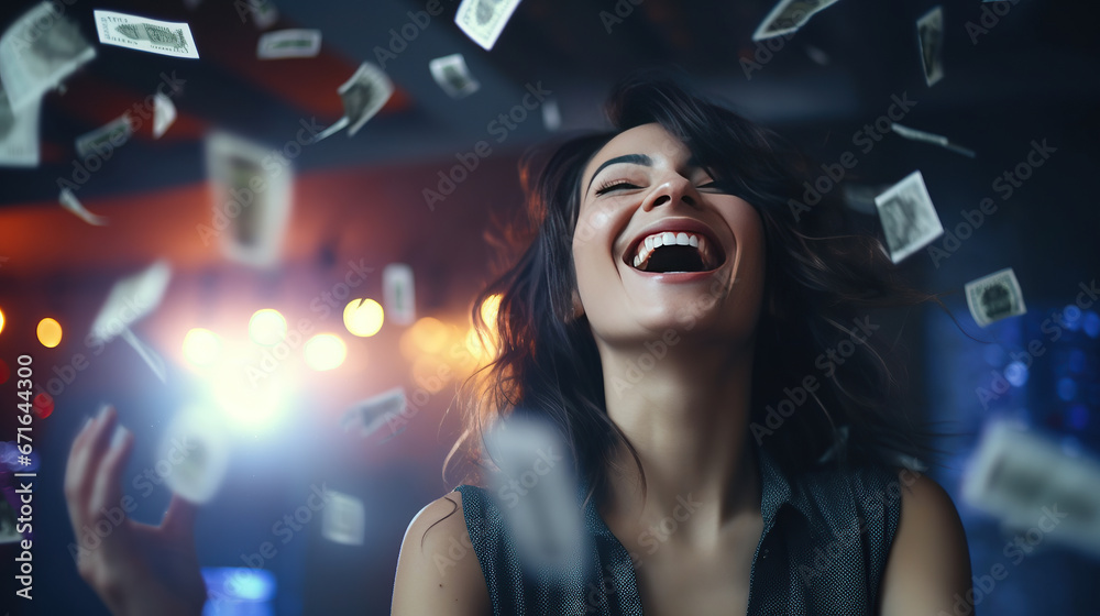 Woman winning a lottery, happy expression, blurred money flying in the air. Woman winning a lottery, happy expression, blurred money flying in the air.