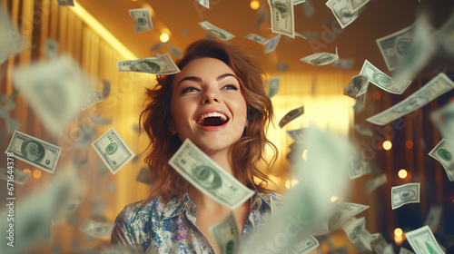 Woman winning a lottery, happy expression, blurred money flying in the air. © Santy Hong