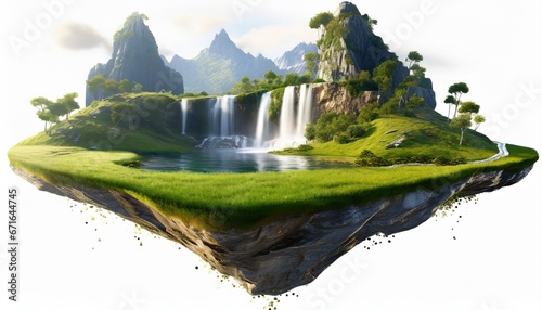 Flying land with beautiful landscape, green grass and waterfalls mountains, isolated on white background