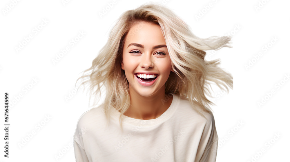 portrait of a beauty young woman smiling, cheerful girl isolated on transparent background - obrazy, fototapety, plakaty 