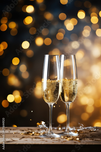 Champagne flutes and confetti celebration background with empty space for text 