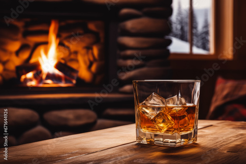 Cold whiskey sampling in cozy winter cabin background with empty space for text  photo