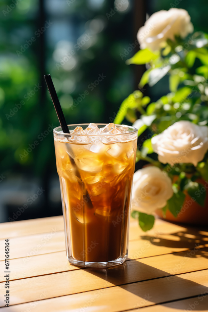Iced coffee on a summer patio background with empty space for text Iced coffee on a summer patio background with empty space for text