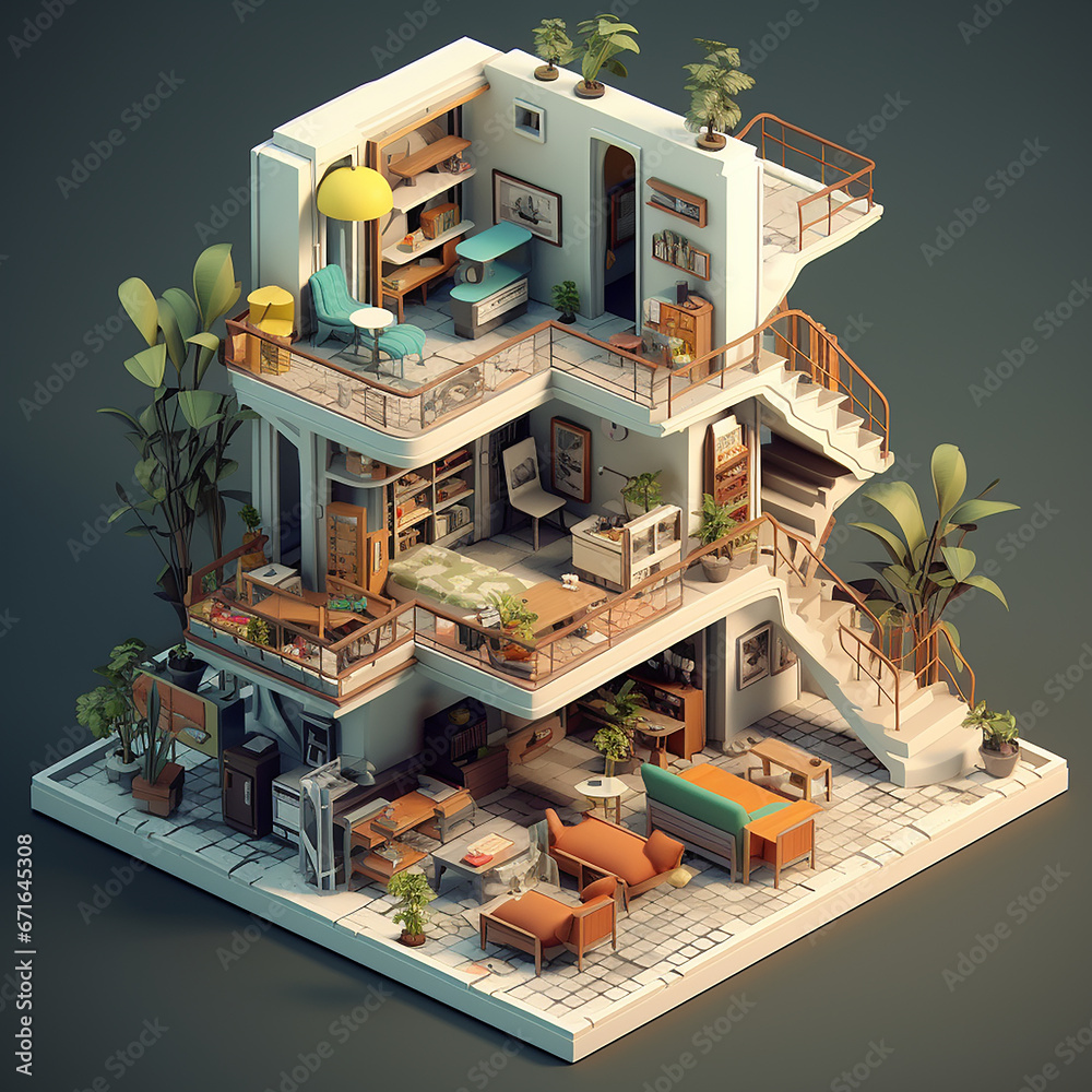 view of a modern building, interior of a house, cutaway isometric low ...